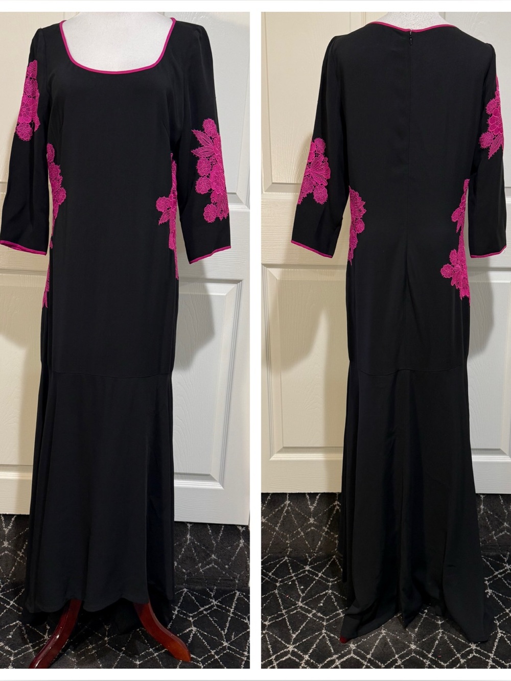 NK32 Naeem Khan Black & Hot Pink Lace Accent Maxi Gown